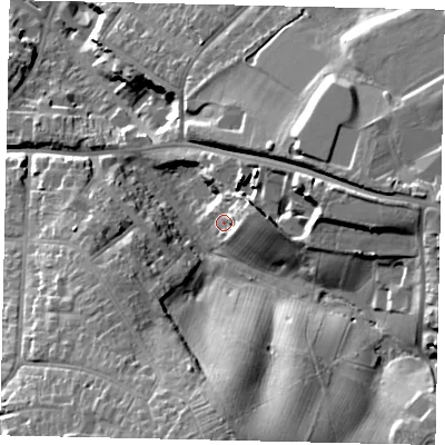 Shaded relief map of the ground around WD194DQ, computed from Environment Agency LiDAR. The ground here sits at about 72 m above sea level and falls 32 m across the surrounding 800 m. Surface water reaching this point runs off ground lying to the east-north-east, 10.4 m higher.