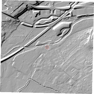 Shaded relief map of the ground around WD194HY, computed from Environment Agency LiDAR. The ground here sits at about 52 m above sea level and falls 18 m across the surrounding 800 m. Surface water reaching this point runs off ground lying to the east-north-east, 2.1 m higher.