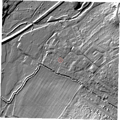 Shaded relief map of the ground around WD194JR, computed from Environment Agency LiDAR. The ground here sits at about 53 m above sea level and falls 15 m across the surrounding 800 m. Surface water reaching this point runs off ground lying to the east, 8.1 m higher.