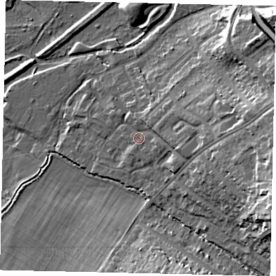Shaded relief map of the ground around WD194JW, computed from Environment Agency LiDAR. The ground here sits at about 54 m above sea level and falls 19 m across the surrounding 800 m. Surface water reaching this point runs off ground lying to the east, 6.9 m higher.