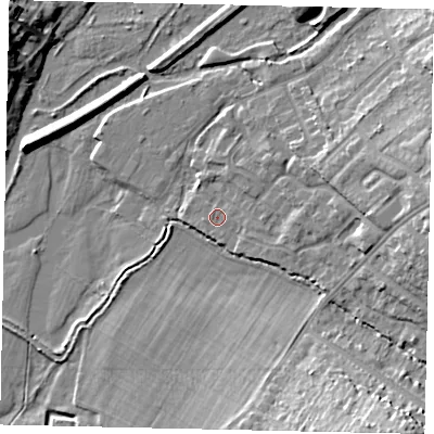 Shaded relief map of the ground around WD194JZ, computed from Environment Agency LiDAR. The ground here sits at about 53 m above sea level and falls 18 m across the surrounding 800 m. Surface water reaching this point runs off ground lying to the east-south-east, 1.2 m higher.