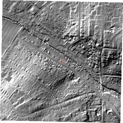 Shaded relief map of the ground around WD194LG, computed from Environment Agency LiDAR. The ground here sits at about 57 m above sea level and falls 27 m across the surrounding 800 m. Surface water reaching this point runs off ground lying to the south-west, 13.0 m higher.