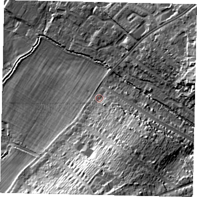 Shaded relief map of the ground around WD194NS, computed from Environment Agency LiDAR. The ground here sits at about 57 m above sea level and falls 25 m across the surrounding 800 m. Surface water reaching this point runs off ground lying to the south-south-east, 9.3 m higher.