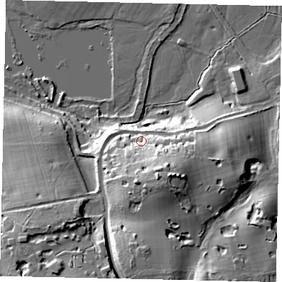 Shaded relief map of the ground around WD194PJ, computed from Environment Agency LiDAR. The ground here sits at about 61 m above sea level and falls 30 m across the surrounding 800 m. Surface water reaching this point runs off ground lying to the south-south-east, 20.3 m higher.