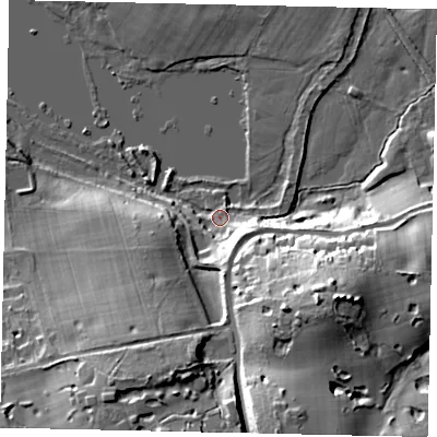 Shaded relief map of the ground around WD194PL, computed from Environment Agency LiDAR. The ground here sits at about 51 m above sea level and falls 30 m across the surrounding 800 m. Surface water reaching this point runs off ground lying to the south, 13.2 m higher.