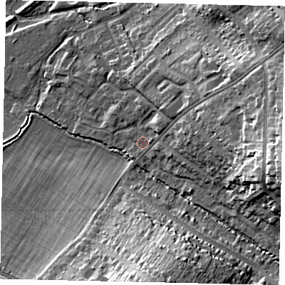 Shaded relief map of the ground around WD194QB, computed from Environment Agency LiDAR. The ground here sits at about 54 m above sea level and falls 22 m across the surrounding 800 m. Surface water reaching this point runs off ground lying to the east, 20.0 m higher.
