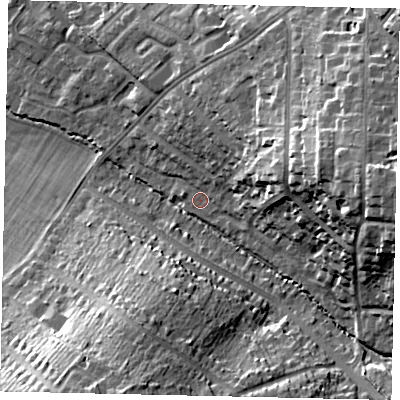 Shaded relief map of the ground around WD194RS, computed from Environment Agency LiDAR. The ground here sits at about 55 m above sea level and falls 26 m across the surrounding 800 m. Surface water reaching this point runs off ground lying to the east-north-east, 14.9 m higher.