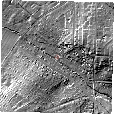 Shaded relief map of the ground around WD194RT, computed from Environment Agency LiDAR. The ground here sits at about 56 m above sea level and falls 27 m across the surrounding 800 m. Surface water reaching this point runs off ground lying to the east, 25.2 m higher.