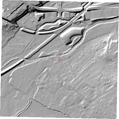 Shaded relief map of the ground around WD194RU, computed from Environment Agency LiDAR. The ground here sits at about 53 m above sea level and falls 18 m across the surrounding 800 m. Surface water reaching this point runs off ground lying to the east, 12.5 m higher.