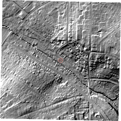 Shaded relief map of the ground around WD194RW, computed from Environment Agency LiDAR. The ground here sits at about 56 m above sea level and falls 28 m across the surrounding 800 m. Surface water reaching this point runs off ground lying to the east-north-east, 26.0 m higher.