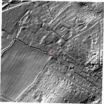 Shaded relief map of the ground around WD194SA, computed from Environment Agency LiDAR. The ground here sits at about 54 m above sea level and falls 22 m across the surrounding 800 m. Surface water reaching this point runs off ground lying to the east, 18.9 m higher.