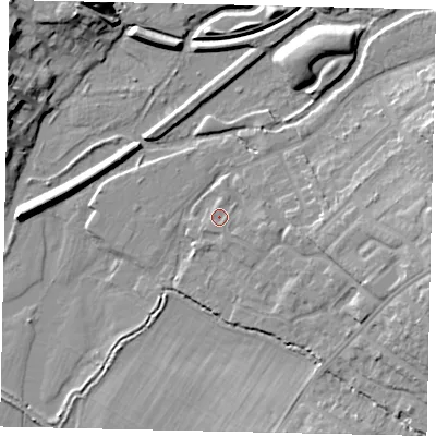Shaded relief map of the ground around WD194TW, computed from Environment Agency LiDAR. The ground here sits at about 53 m above sea level and falls 15 m across the surrounding 800 m. Surface water reaching this point runs off ground lying to the east-south-east, 1.6 m higher.
