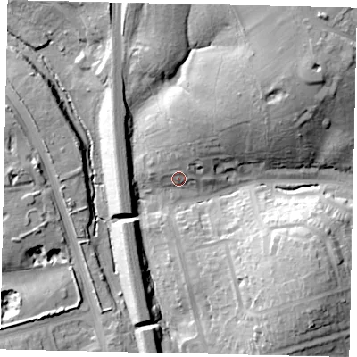 Shaded relief map of the ground around WD195AY, computed from Environment Agency LiDAR. The ground here sits at about 67 m above sea level and falls 33 m across the surrounding 800 m. Surface water reaching this point runs off ground lying to the north-north-east, 10.8 m higher.