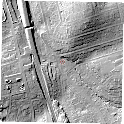 Shaded relief map of the ground around WD195BL, computed from Environment Agency LiDAR. The ground here sits at about 65 m above sea level and falls 28 m across the surrounding 800 m. Surface water reaching this point runs off ground lying to the north-north-east, 23.3 m higher.