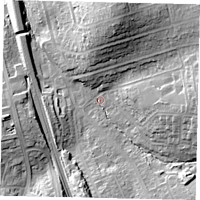 Shaded relief map of the ground around WD195BY, computed from Environment Agency LiDAR. The ground here sits at about 66 m above sea level and falls 28 m across the surrounding 800 m. Surface water reaching this point runs off ground lying to the north-north-east, 23.3 m higher.