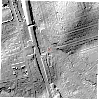 Shaded relief map of the ground around WD195DT, computed from Environment Agency LiDAR. The ground here sits at about 65 m above sea level and falls 28 m across the surrounding 800 m. Surface water reaching this point runs off ground lying to the north-east, 23.3 m higher.