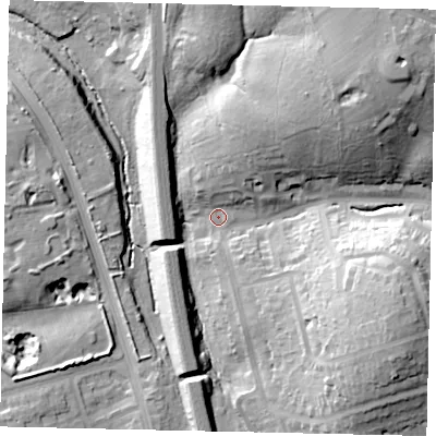 Shaded relief map of the ground around WD195EA, computed from Environment Agency LiDAR. The ground here sits at about 64 m above sea level and falls 33 m across the surrounding 800 m. Surface water reaching this point runs off ground lying to the north-east, 26.3 m higher.