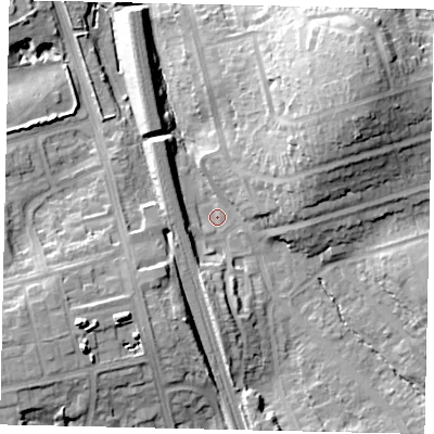 Shaded relief map of the ground around WD195EF, computed from Environment Agency LiDAR. The ground here sits at about 64 m above sea level and falls 29 m across the surrounding 800 m. Surface water reaching this point runs off ground lying to the north-east, 23.8 m higher.