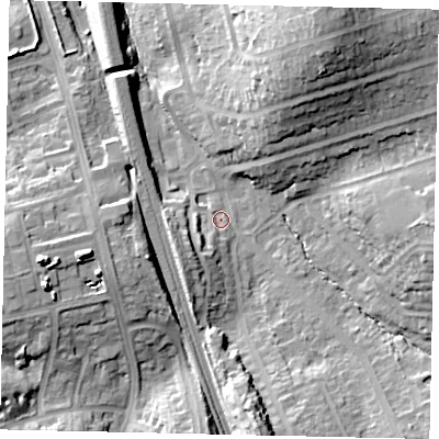Shaded relief map of the ground around WD195EG, computed from Environment Agency LiDAR. The ground here sits at about 66 m above sea level and falls 28 m across the surrounding 800 m. Surface water reaching this point runs off ground lying to the south-south-west, 4.6 m higher.