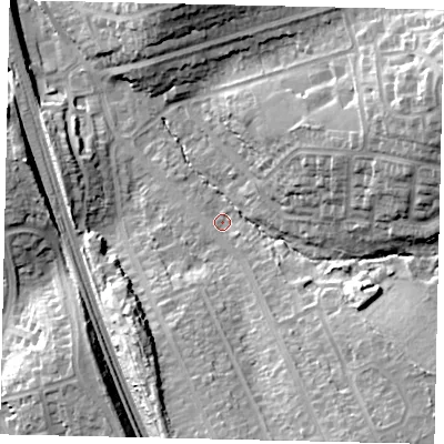Shaded relief map of the ground around WD195EH, computed from Environment Agency LiDAR. The ground here sits at about 67 m above sea level and falls 24 m across the surrounding 800 m. Surface water reaching this point runs off ground lying to the south-south-east, 2.9 m higher.