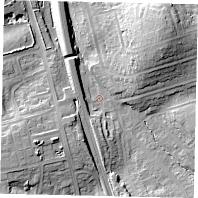 Shaded relief map of the ground around WD195EY, computed from Environment Agency LiDAR. The ground here sits at about 64 m above sea level and falls 28 m across the surrounding 800 m. Surface water reaching this point runs off ground lying to the north-east, 23.7 m higher.
