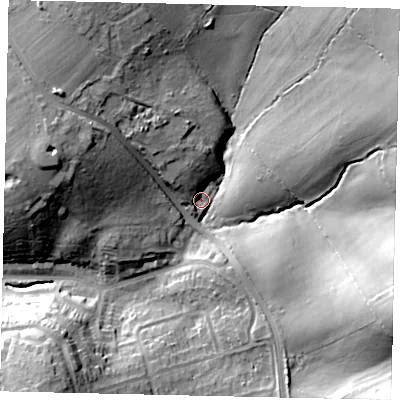 Shaded relief map of the ground around WD195RQ, computed from Environment Agency LiDAR. The ground here sits at about 73 m above sea level and falls 38 m across the surrounding 800 m. Surface water reaching this point runs off ground lying to the north-north-west, 9.6 m higher.