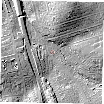Shaded relief map of the ground around WD195TP, computed from Environment Agency LiDAR. The ground here sits at about 65 m above sea level and falls 28 m across the surrounding 800 m. Surface water reaching this point runs off ground lying to the north-north-east, 23.3 m higher.