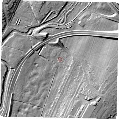 Shaded relief map of the ground around WD232AB, computed from Environment Agency LiDAR. The ground here sits at about 56 m above sea level and falls 19 m across the surrounding 800 m. Surface water reaching this point runs off ground lying to the east-north-east, 16.4 m higher.
