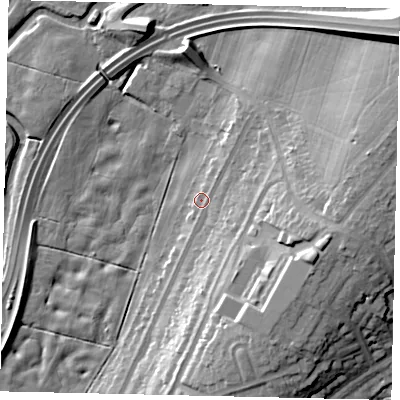 Shaded relief map of the ground around WD232AE, computed from Environment Agency LiDAR. The ground here sits at about 58 m above sea level and falls 20 m across the surrounding 800 m. Surface water reaching this point runs off ground lying to the east-south-east, 14.0 m higher.