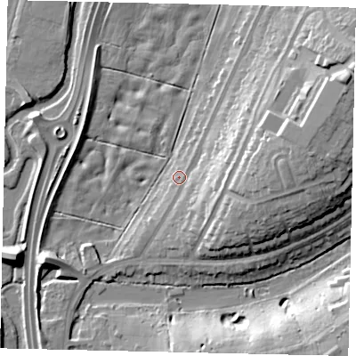 Shaded relief map of the ground around WD232AF, computed from Environment Agency LiDAR. The ground here sits at about 57 m above sea level and falls 19 m across the surrounding 800 m. Surface water reaching this point runs off ground lying to the east-north-east, 15.9 m higher.
