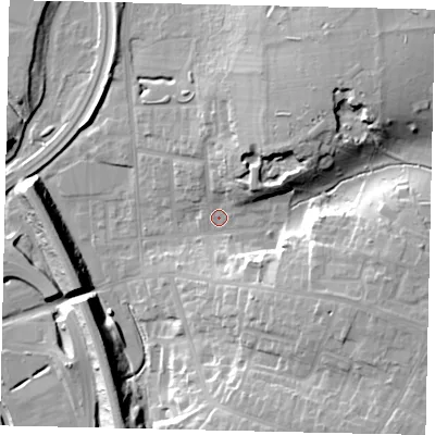Shaded relief map of the ground around WD232AY, computed from Environment Agency LiDAR. The ground here sits at about 57 m above sea level and falls 19 m across the surrounding 800 m. Surface water reaching this point runs off ground lying to the north-east, 12.8 m higher.