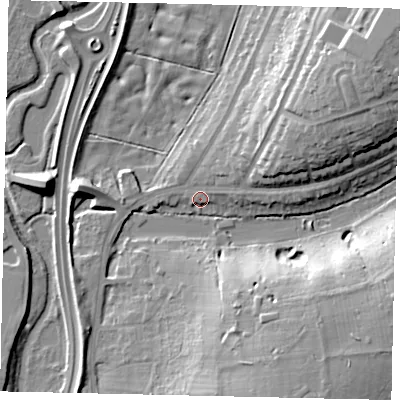 Shaded relief map of the ground around WD232BA, computed from Environment Agency LiDAR. The ground here sits at about 57 m above sea level and falls 18 m across the surrounding 800 m. Surface water reaching this point runs off ground lying to the south-east, 16.9 m higher.