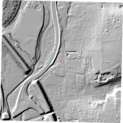 Shaded relief map of the ground around WD232DA, computed from Environment Agency LiDAR. The ground here sits at about 55 m above sea level and falls 18 m across the surrounding 800 m. Surface water reaching this point runs off ground lying to the east, 15.3 m higher.