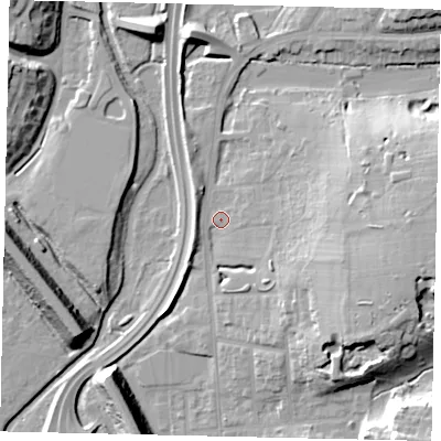 Shaded relief map of the ground around WD232DD, computed from Environment Agency LiDAR. The ground here sits at about 56 m above sea level and falls 17 m across the surrounding 800 m. Surface water reaching this point runs off ground lying to the east, 13.7 m higher.