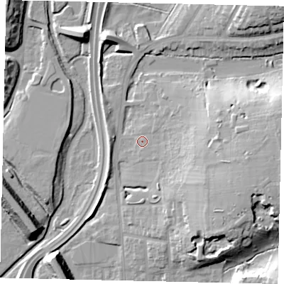 Shaded relief map of the ground around WD232DE, computed from Environment Agency LiDAR. The ground here sits at about 57 m above sea level and falls 18 m across the surrounding 800 m. Surface water reaching this point runs off ground lying to the east, 12.0 m higher.