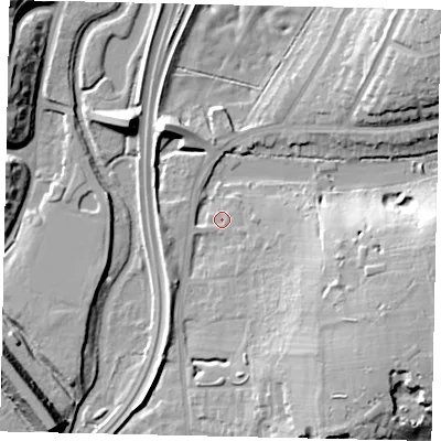 Shaded relief map of the ground around WD232DF, computed from Environment Agency LiDAR. The ground here sits at about 56 m above sea level and falls 18 m across the surrounding 800 m. Surface water reaching this point runs off ground lying to the east-south-east, 16.1 m higher.
