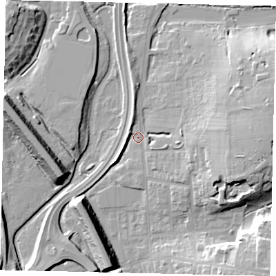 Shaded relief map of the ground around WD232DG, computed from Environment Agency LiDAR. The ground here sits at about 56 m above sea level and falls 18 m across the surrounding 800 m. Surface water reaching this point runs off ground lying to the east, 15.4 m higher.