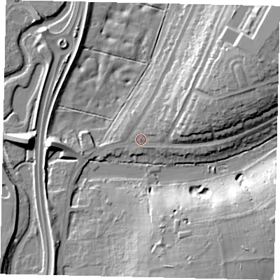 Shaded relief map of the ground around WD232DQ, computed from Environment Agency LiDAR. The ground here sits at about 58 m above sea level and falls 18 m across the surrounding 800 m. Surface water reaching this point runs off ground lying to the east-north-east, 13.8 m higher.