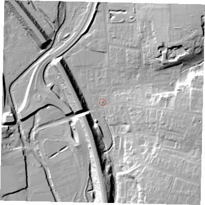 Shaded relief map of the ground around WD232EA, computed from Environment Agency LiDAR. The ground here sits at about 55 m above sea level and falls 20 m across the surrounding 800 m. Surface water reaching this point runs off ground lying to the south-east, 18.4 m higher.