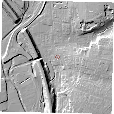 Shaded relief map of the ground around WD232EB, computed from Environment Agency LiDAR. The ground here sits at about 57 m above sea level and falls 20 m across the surrounding 800 m. Surface water reaching this point runs off ground lying to the south-east, 16.9 m higher.