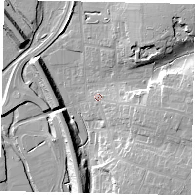 Shaded relief map of the ground around WD232ED, computed from Environment Agency LiDAR. The ground here sits at about 58 m above sea level and falls 20 m across the surrounding 800 m. Surface water reaching this point runs off ground lying to the south-east, 15.7 m higher.