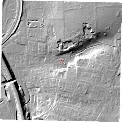 Shaded relief map of the ground around WD232FE, computed from Environment Agency LiDAR. The ground here sits at about 57 m above sea level and falls 20 m across the surrounding 800 m. Surface water reaching this point runs off ground lying to the south-east, 14.7 m higher.