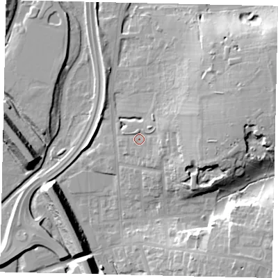 Shaded relief map of the ground around WD232FR, computed from Environment Agency LiDAR. The ground here sits at about 57 m above sea level and falls 19 m across the surrounding 800 m. Surface water reaching this point runs off ground lying to the east, 12.7 m higher.