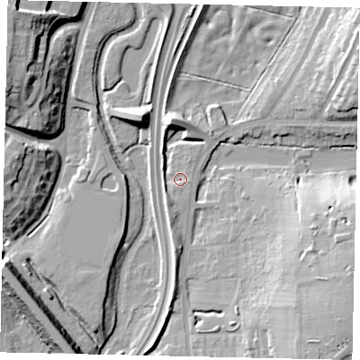 Shaded relief map of the ground around WD232GD, computed from Environment Agency LiDAR. The ground here sits at about 56 m above sea level and falls 18 m across the surrounding 800 m. Surface water reaching this point runs off ground lying to the south-south-west, 2.4 m higher.
