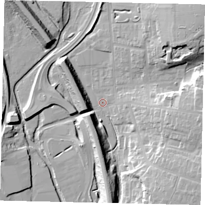 Shaded relief map of the ground around WD232GP, computed from Environment Agency LiDAR. The ground here sits at about 54 m above sea level and falls 20 m across the surrounding 800 m. Surface water reaching this point runs off ground lying to the south-east, 19.7 m higher.