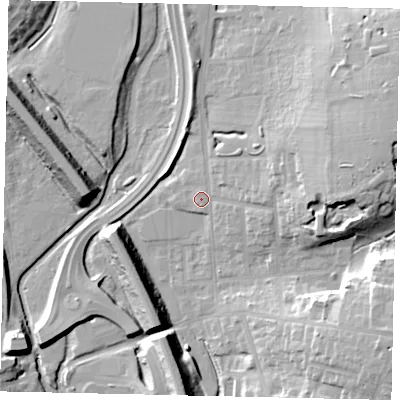 Shaded relief map of the ground around WD232GZ, computed from Environment Agency LiDAR. The ground here sits at about 56 m above sea level and falls 18 m across the surrounding 800 m. Surface water reaching this point runs off ground lying to the east-north-east, 13.1 m higher.