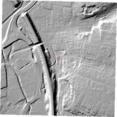 Shaded relief map of the ground around WD232HF, computed from Environment Agency LiDAR. The ground here sits at about 55 m above sea level and falls 20 m across the surrounding 800 m. Surface water reaching this point runs off ground lying to the south-east, 19.7 m higher.