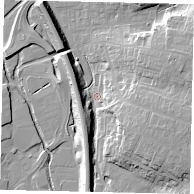 Shaded relief map of the ground around WD232HL, computed from Environment Agency LiDAR. The ground here sits at about 55 m above sea level and falls 20 m across the surrounding 800 m. Surface water reaching this point runs off ground lying to the east-south-east, 18.6 m higher.