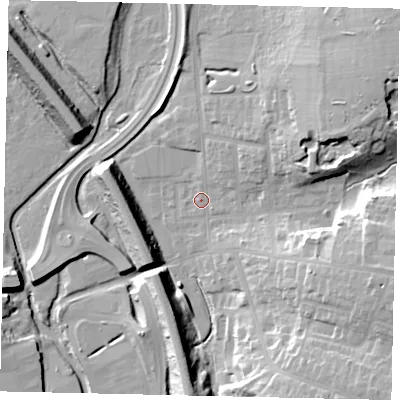 Shaded relief map of the ground around WD232HP, computed from Environment Agency LiDAR. The ground here sits at about 55 m above sea level and falls 19 m across the surrounding 800 m. Surface water reaching this point runs off ground lying to the north-east, 14.0 m higher.