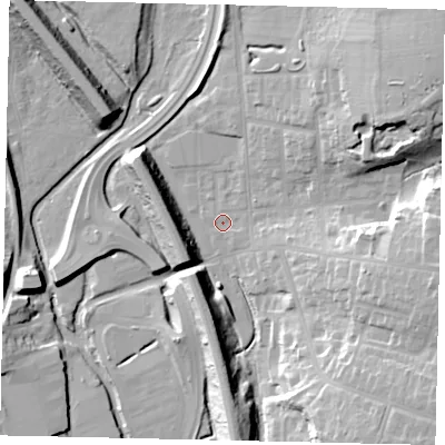 Shaded relief map of the ground around WD232HR, computed from Environment Agency LiDAR. The ground here sits at about 55 m above sea level and falls 20 m across the surrounding 800 m. Surface water reaching this point runs off ground lying to the east, 15.5 m higher.